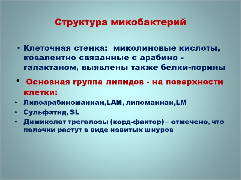 Структура микобактерий Клеточная стенка:  миколиновые кислоты, ковалентно связанные с арабино -галактаном, выявлены также